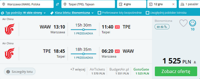 tanie loty na Tajwan