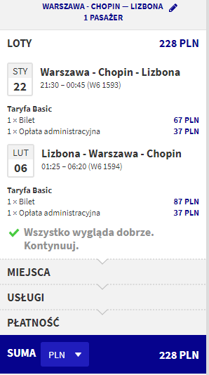 loty z warszawy do lizbony