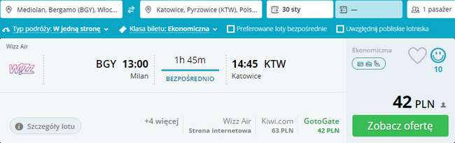 loty Wizzair z Bergamo do Katowic