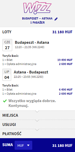 loty z Budapesztu do Astany
