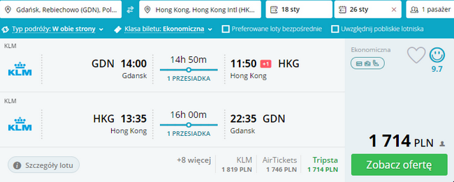 loty z Gdańska do Hongkongu