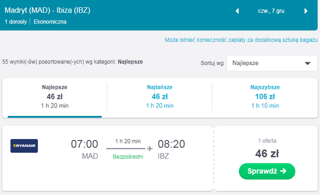 Lot z Madrytu na Ibizę za 46 złotych