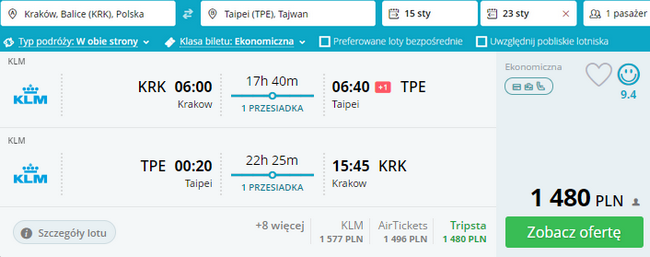 rezerwacja lotów z Krakowa do Tajpej