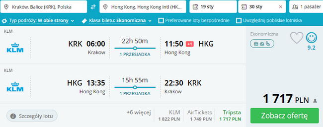 loty z Krakowa do Hongkongu