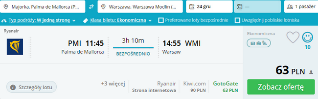 lot z Majorki do Warszawy