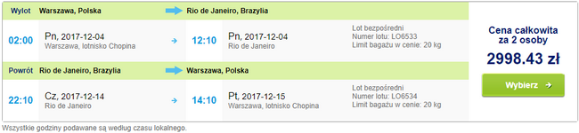 czarter z Warszawy do Brazylii