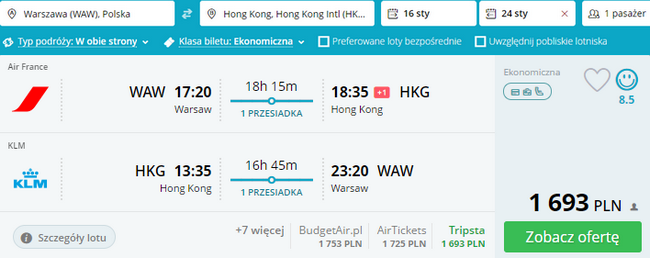 bilety z Warszawy do Hongkongu