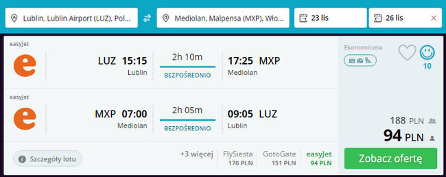 tanie loty do Mediolanu na główne lotnisko