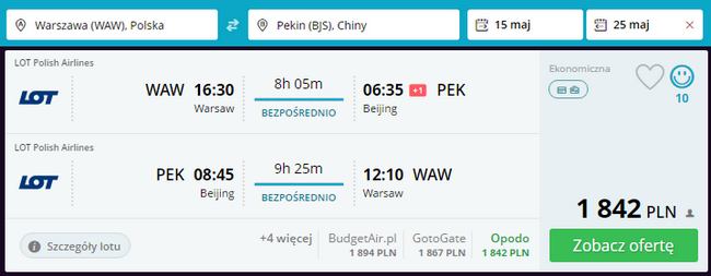 bezpośredni lot do pekinu