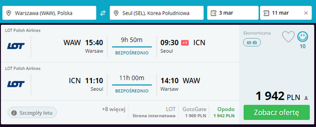 loty do korei południowej