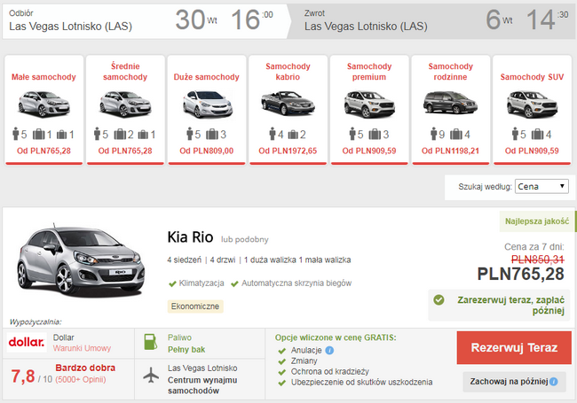 rezerwacja auta w vegas
