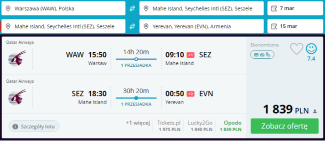 Rezerwacja przelotów Warszawa - Mahe - Erywań