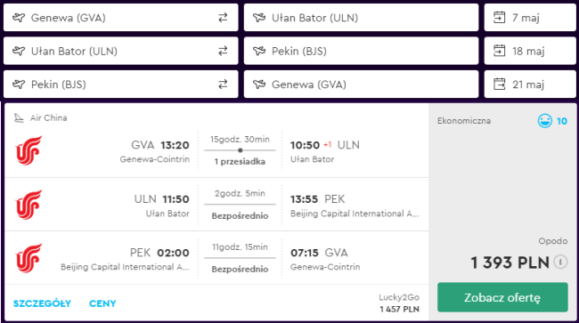 Rezerwacja przelotów na trasie Genewa - Ułan Bator - Pekin - Genewa