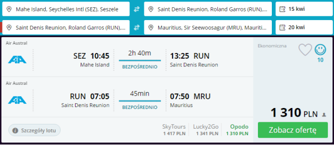 Rezerwacja przelotów na trasie Seszele - Reunion - Mauritius
