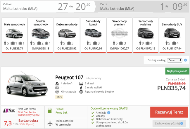 zarezerwuj auto na malcie