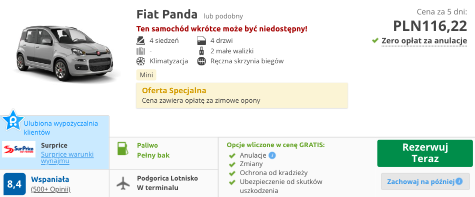 zarezerwuj auto w podgoricy