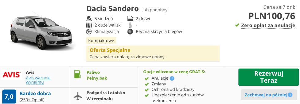 zarezerwuj auto w podgoricy