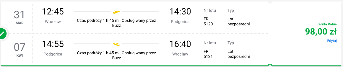 zarezerwuj loty do podgoricy