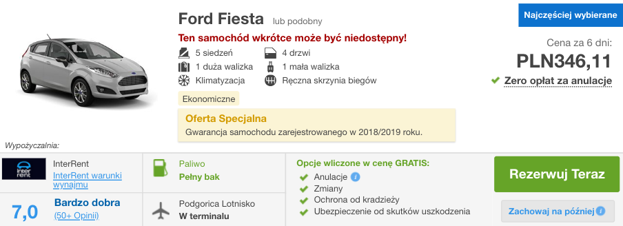 zarezerwuj auto w podgoricy