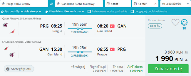 loty z Pragi na Malediwy