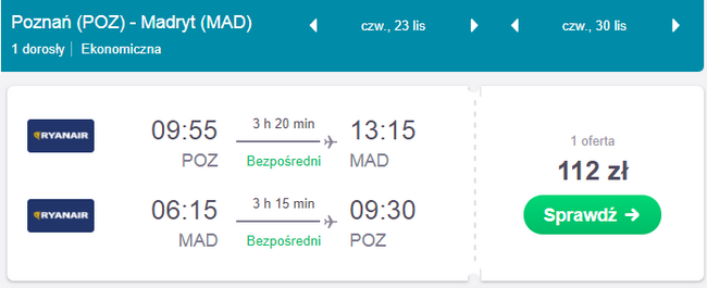 loty z poznania do madrytu