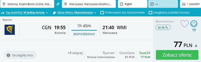 lot z Kolonii do Warszawy