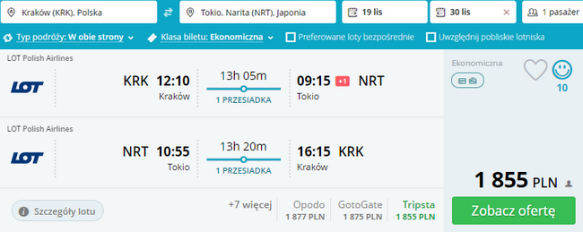 rezerwacja lotów z Krakowa do Tokio