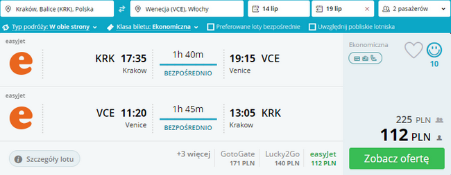 loty z Krakowa do Wenecji