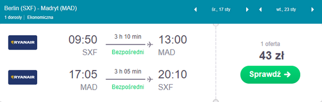 loty z Berlina do Madrytu