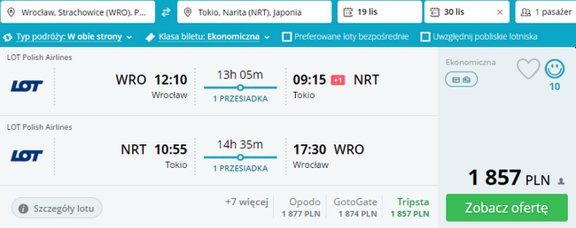 rezerwacja lotów z Wrocławia do Tokio