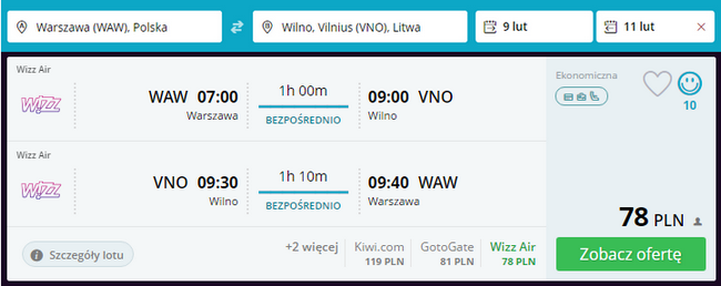 bilety lotnicze do Wilna za 78 złotych