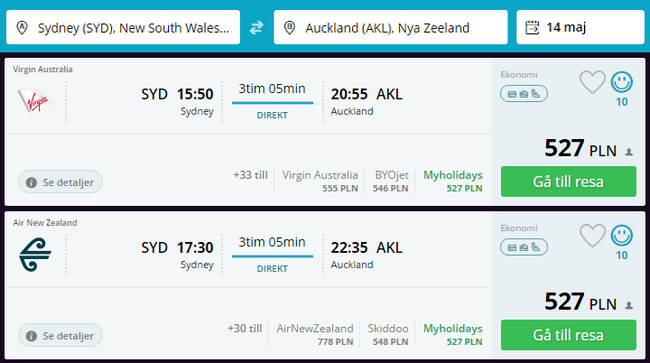 lot z Sydney do Auckland