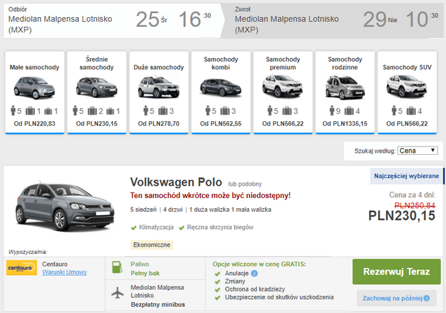 rezerwacja auta malpensa
