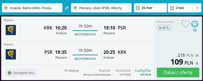 rezerwacja dwóch biletów do pescary