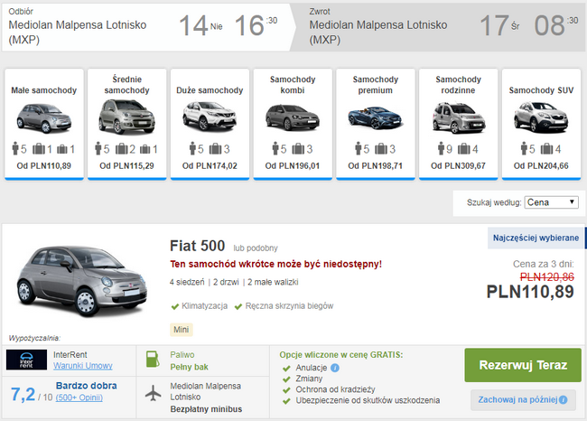 rezerwacja wypożyczonego samochodu w mediolanie
