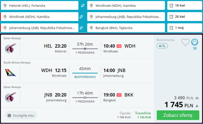 Rezerwacja Przelotów Helsinki - Windhoek - Johannesburg - Bangkok