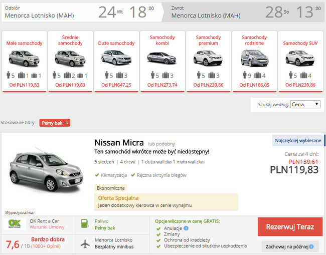 wynajem auta minorka