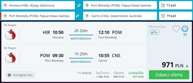Rezerwacja przelotów Honiara - Port Moresby - Cairns