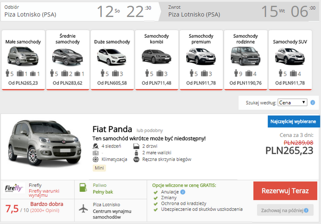 wynajem auta piza