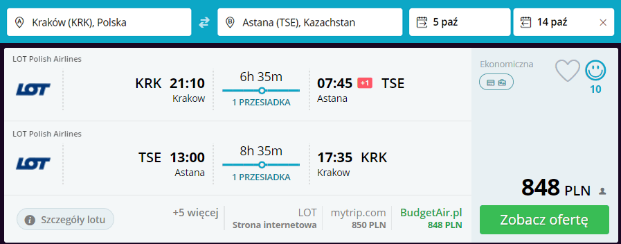 z krakowa do astany bilety