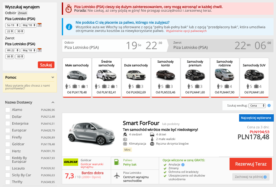zarezerwuj auto w pizie