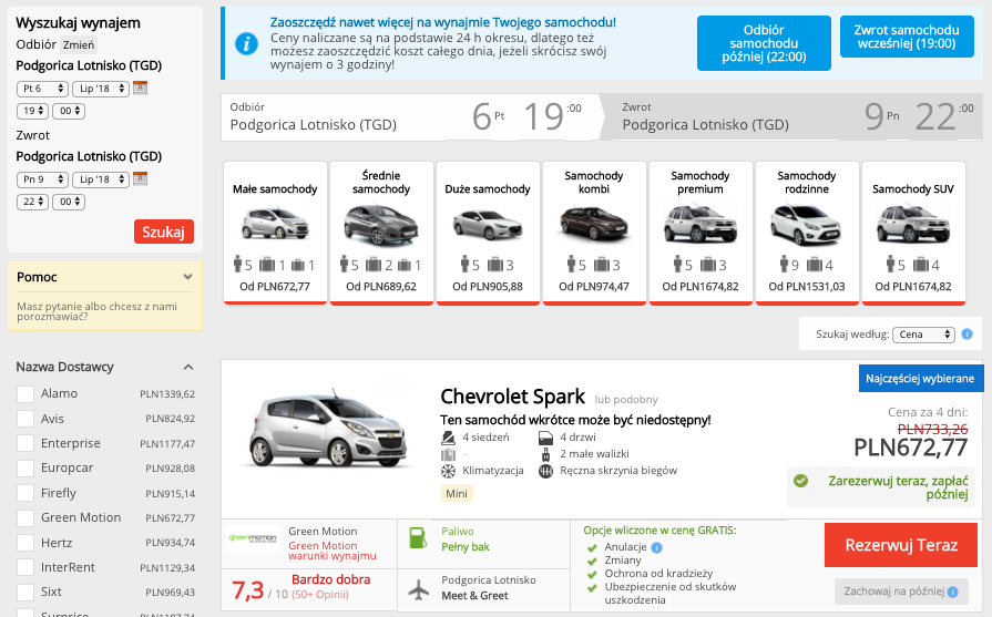 zarezerwuj auto w podgoricy