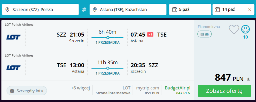 loty do astany ze szczecina
