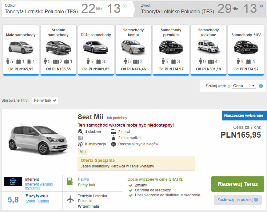 wynajem auta teneryfa