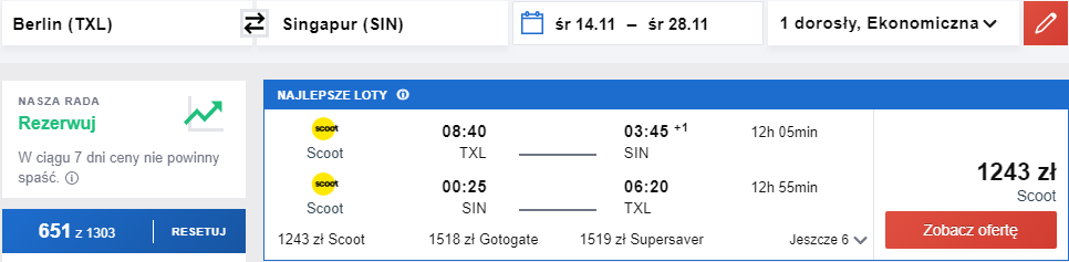 Rezerwacja przelotów z Berlina do Singapuru