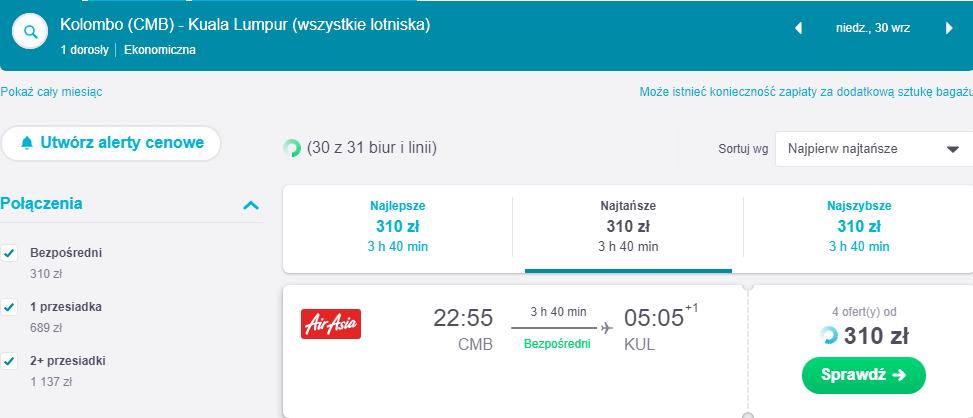 Rezerwacja przelotów z Colombo do Kuala Lumpur