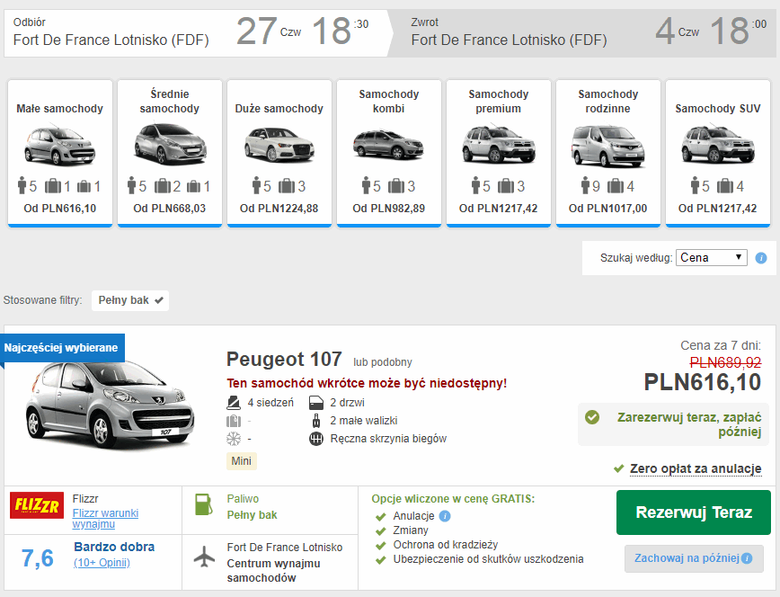 wynajem auta martynika