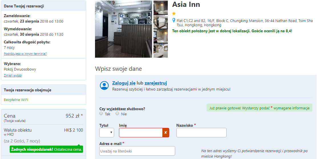 Rezerwacja obiektu w Hongkongu