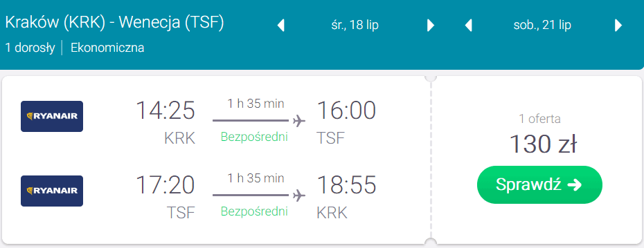 rezerwacja lotów z krakowa do wenecji