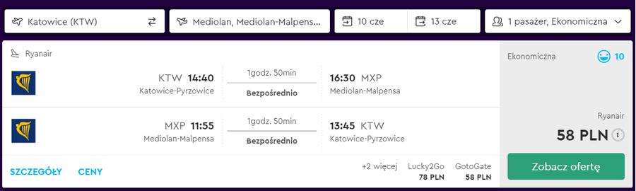 loty do mediolanu